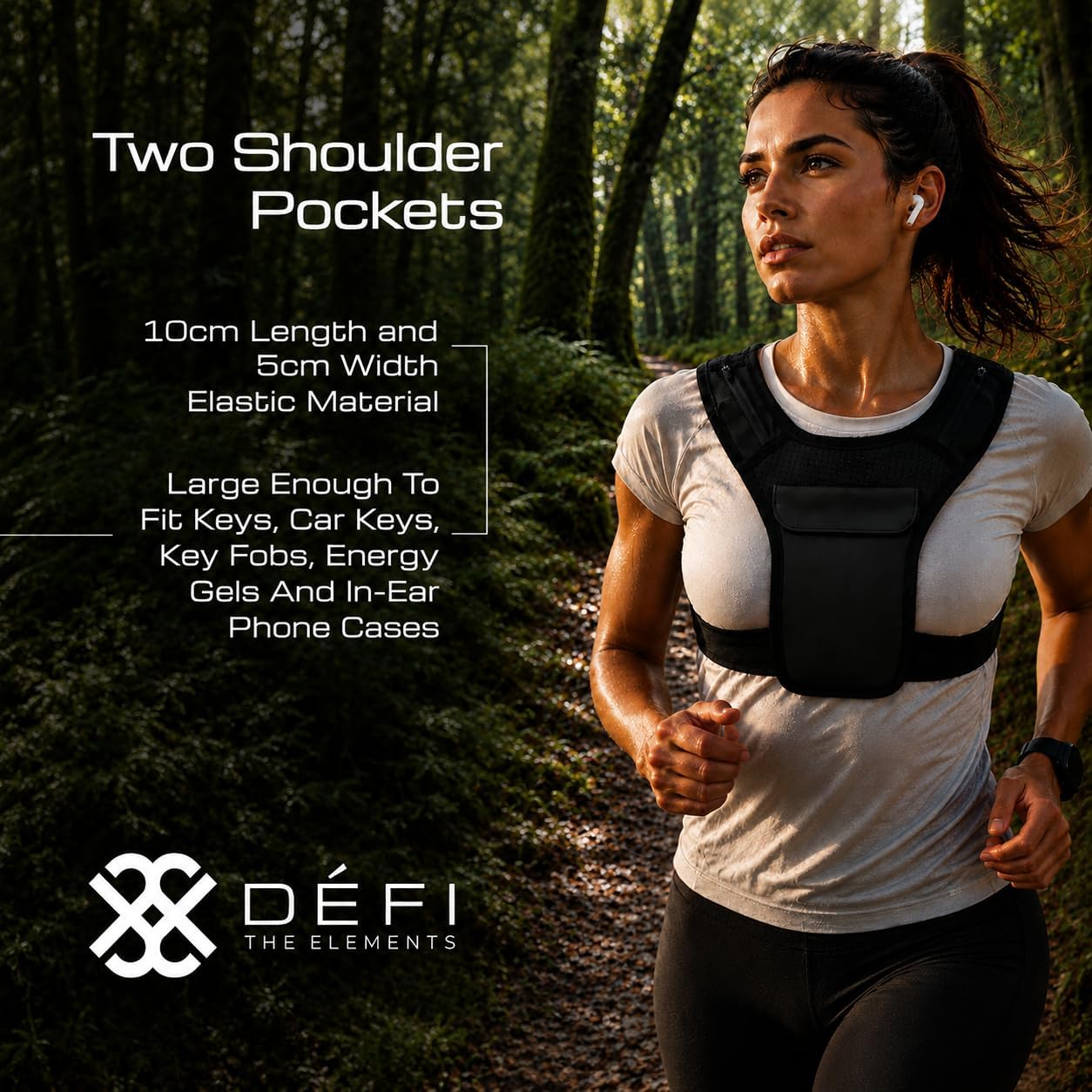 Female runner demonstrating the shoulder pockets on the Défi Running Vest Phone Holder